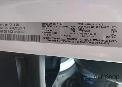 2021 Ram Promaster 1500 High Roof 136 Wb z USA, uszkodzony, nr VIN 3C6LRVBG5ME575970